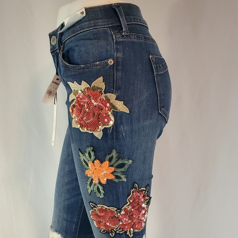 Express Blue Jeans with Floral Embroidery